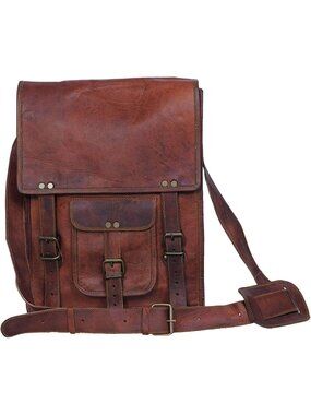 Men's Brown 11 Inch Sturdy Leather Messenger Satchel Bag With Buckle Zipper Bag